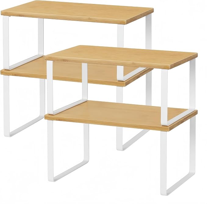 NEX Bamboo Kitchen Cabinet and Counter Shelf Organizer, Stackable & Expandable, Set of 4, White and Natural | Stackable & Expandable Spice Rack, Space-Saving Pantry Organizers Bathroom Countertop Storage, White and Natural