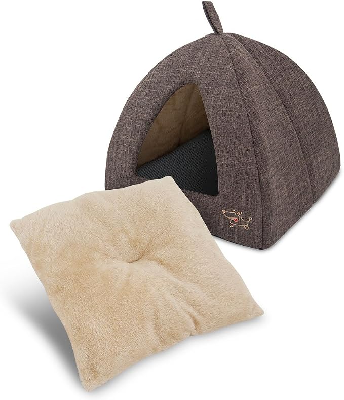 Best Pet Supplies Cat Bed for Indoor Cat, Domed Tent House with Removable Pillow, Covered Cat Cave for Small Dog, Puppies and All Breeds of Cats - Brown Linen, 19 x 19 x H:19"