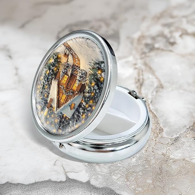 Portable Round 3 Compartment Metal Pill Box Beautiful Wall Hanging with Christmas House for Holiday Celebration Travel and Everyday Organization