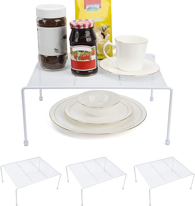 Set of 4 Mesh Kitchen Shelves Cabinet Storage Shelf Rack (13.1 x 10.2 Inch) ，Kitchen Bathroom Pantry Cupboard Desk Home Office, Fridge, Cabinet, Bathroom Cupboard, Non-slip Plastic Feet (4, White)