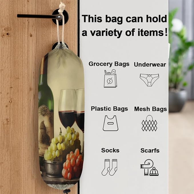 Vintage Wine Grapes Plastic Bag Holder Red Wine Grocery Bag Storage Dispenser Washable Hanging Shopping Bags Carrier Reusable Wall Mount Trash Bag Organizer for Kitchen Pantry