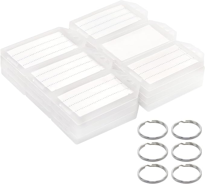 Coideal White Plastic Key Tags with Labels - 60 Pack Tough Key Chain Tag Rectangle ID Identifiers with Clear Label Window and Strong Split Ring for Luggage