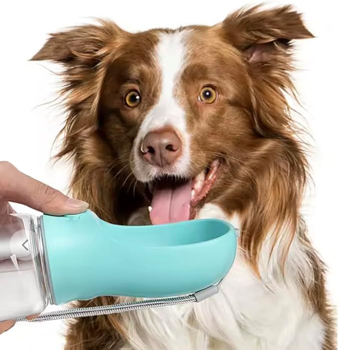 Portable Dog Water Bottle with Bowl, Food Container & Poop Bag Holder, 13.5 oz, Leak Proof Travel Pet Water Bottle for Dogs & Cats, Food Grade Plastic Dispenser for Walking, Hiking & Camping (Green)