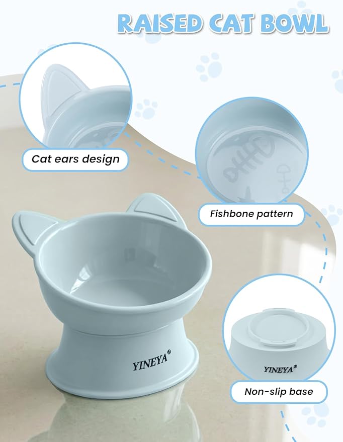 YINEYA Elevated Cat Bowls 2 Pcs, Cat Food Bowl to Protect Neck & Anti-Vomit, Whisker-Friendly Raised Food and Water Bowls Set for Indoor Cats/Small Dogs, Cute Pet Feeding Bowl 6 OZ Each, Yellow & Blue
