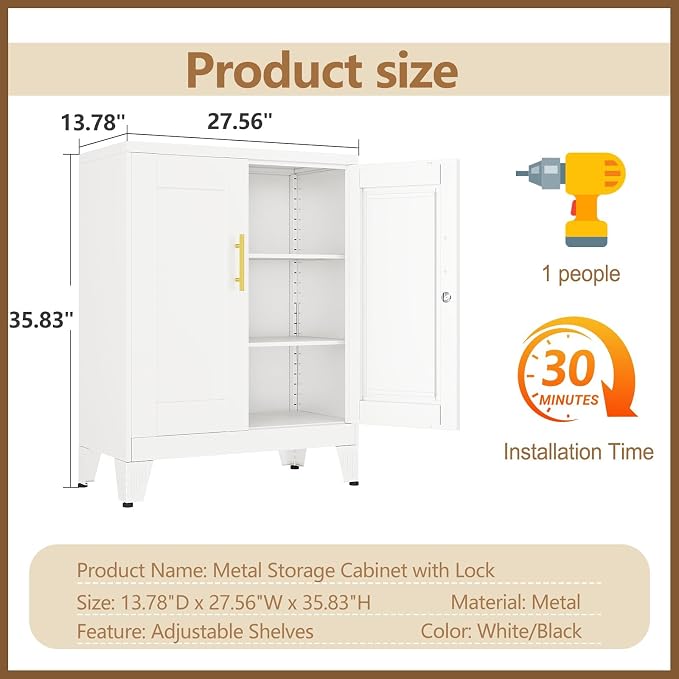 Small Metal Storage Cabinet, Lockable Tool Cabinet with Doors and 2 Shelves | 2 Adjustable Shelves, Locking Doors, Magnetic Closure, Adjustable Feet, Cold-Rolled Steel, Compact 27.5-Inch Width
