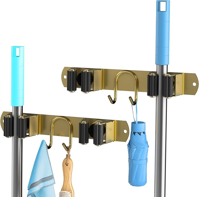 Broom Holder Wall Mount, 2-Pack Stainless Steel Mop and Broom Organizer, Broom Hanger with 2 Slots 2 Hooks for Home Kitchen, Garage, Garden and Laundry Room, Gold