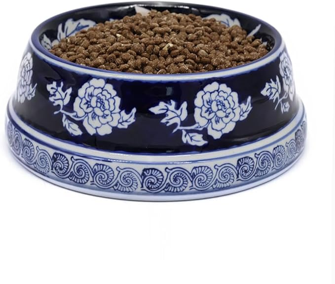 Aimusego Vintage Blue Ceramic Dog Bowls, Dog Food Feeding Dish for Medium Dogs Cats, Heavy Chinoiserie Porcelain Pet Bowl for Water,Durable & Easy to Clean-9inch