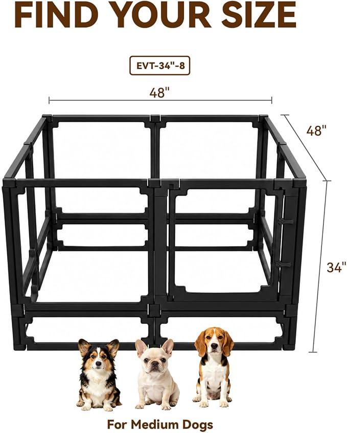 Dog Playpen, Expandable & Stackable Acrylic Dog Play Pen, FlexiSpace Adjustable Clear Dog Enclosure Indoors, Transparent Dog Fence for Dogs Cats Rabbits Small Animals (Black, 34", 8 Panels)