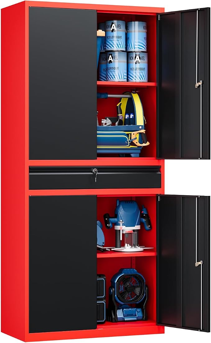 Metal Garage Storage Cabinet with Locking Doors and Adjustable Shelves,- 71" Tool Storage Cabinet with 1 Drawer for Garage,Office,Warehouse
