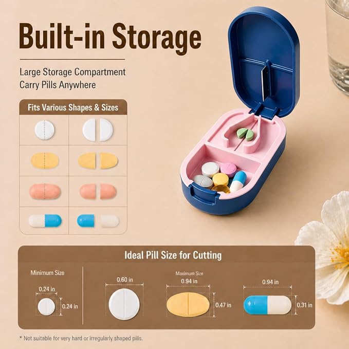 Pill Splitter for Accurate 1/2 Cuts – Sharp Blade, No Crushing, Easy to Use Tablet Cutter with Storage Compartment, Portable for Daily Medication, Seniors, Kids & Pets