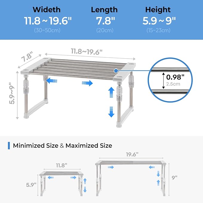 carrotez Set of 1 Expandable Cabinet Organizer 11.8~19.6 x 7.8 x 6~9 White | Width & Height-adjustable Kitchen Cabinet Organizer Shelf, Stackable Kitchen Counter Shelf