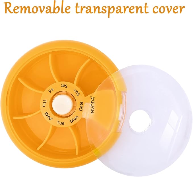 INVODA Weekly Pill Organizer 7 Compartment Rotating Pill Box for Daily | Cute Round Pill Organizer Fit purse pocket or backpack Portable Travel Pill Case for Fish Oil Supplements Vitamins Medication