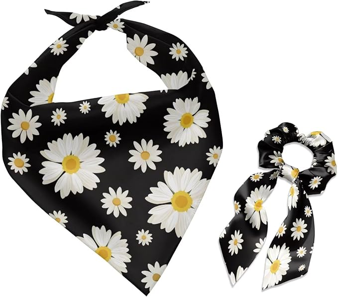 COEQINE Daisy Black Dog Bandnas 2 Pack Mother Day Dog Bandana and Bow Hair Tie Holder Set/Triangle Reversible Bibs Breed for Puppy Pets Birthday Christmas