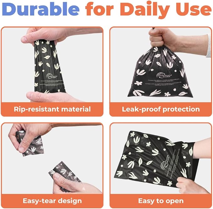 Best Pet Supplies GRS Poop Bags for Dogs - Black, 150 Count, Unscented | Unscented, 50% Post-Consumer Recycled Plastic, Leak-proof, Easy-Tear perforations, Thick Bags, Fits Standard Holders
