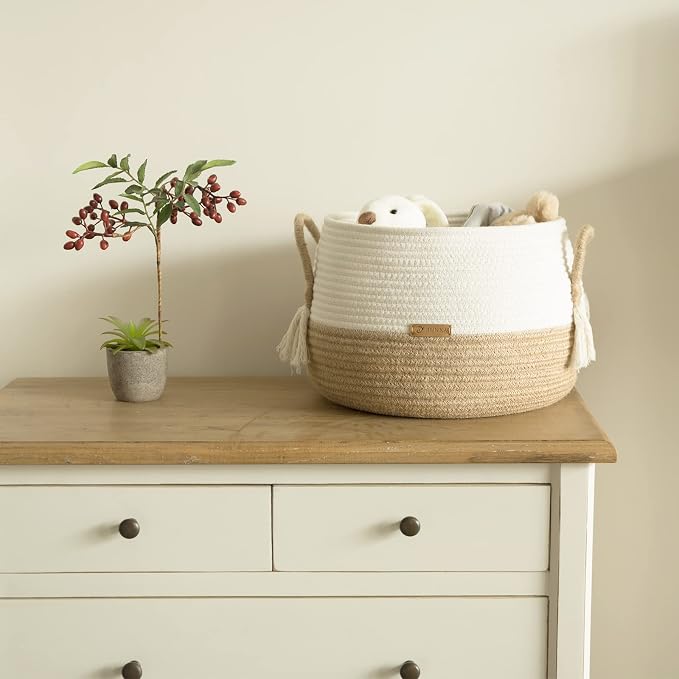 R RUNKA Small Basket for Stuffed Animal,Clothes ,Baby Blankets -11.8"x9.8"- Boho Baskets for Living Room,Bedroom,Nursery |Cotton Rope Baskets, Cube Basket, Under Shelf Basket | Baskets for Home Decor
