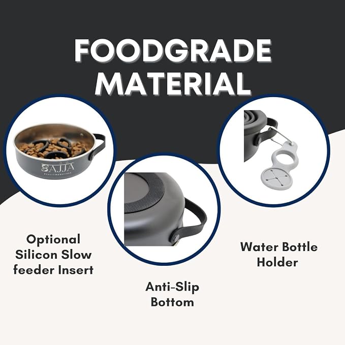 Black Slow Feeder Travel Dog Bowl Set – 30oz Stainless Steel + 20oz Collapsible Silicone Dish + Silicone Slow Feeder Insert | Water Bottle Holder | Non-Slip, Anti-Choking, BPA-Free – Claim