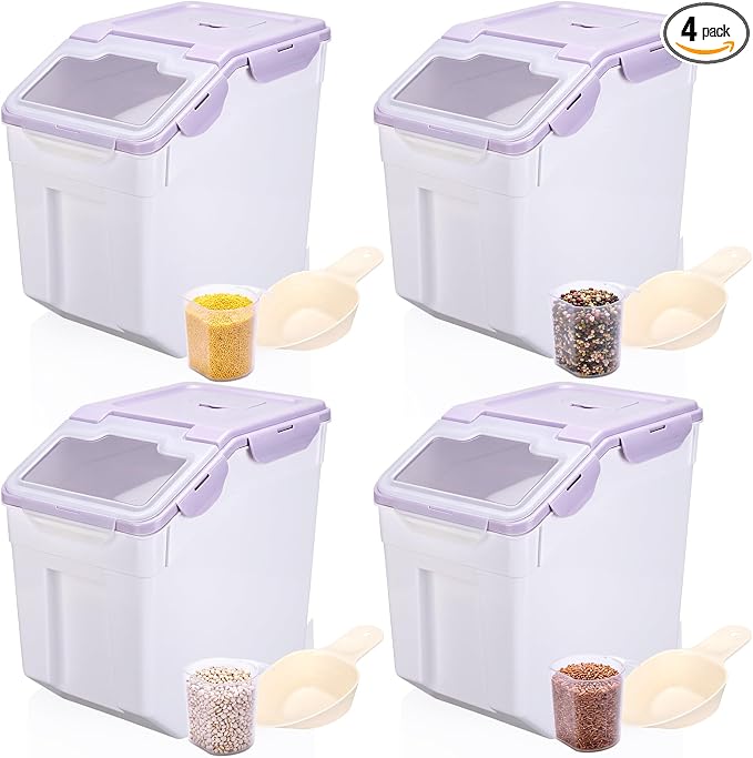 Sunnyray 4 Pcs 55 Lbs Flour Storage Container Bin,Rice Storage Containers with Wheels Seal Locking Lid, BPA Free with Measuring Cup Scoop for Rice Grain Pet Food Flour (Purple)