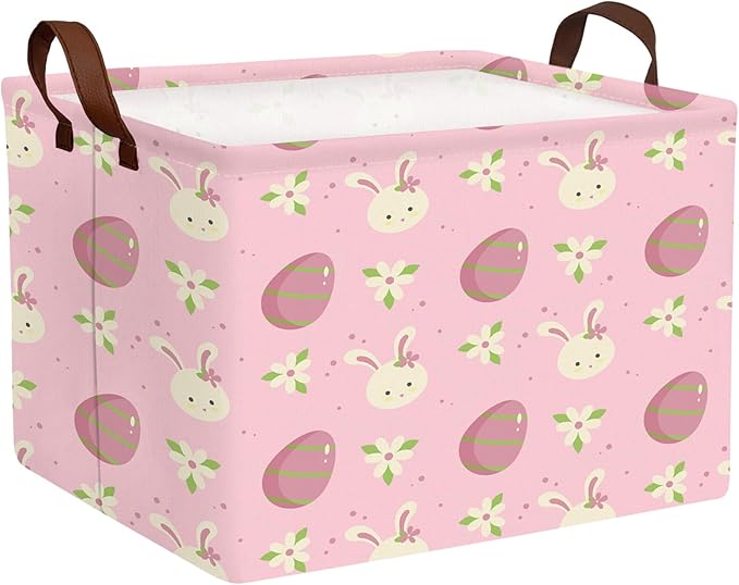 Large Cute Easter Basket for Kid Empty Gift Baby Rectangle Storage Bin Bunny Eggs Boy＆Girl Room Décor (Rabbit Pink Flower Egg)