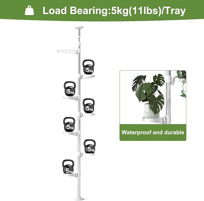 BAOYOUNI Plant Stand 7-Tier Tension Pole Metal Flower Rack Corner Ivory | Spring Loaded Pole,No Drilling Required ，Adjustable Height ,Space-Saving Corner Design， Holds Multiple Flower Pots