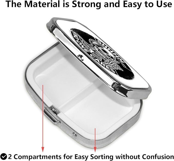 ABLESKY Pill Box, 2 Compartment Pill Organizer Case for Pocket or Purse, Small Portable Metal Travel Medicine Box with Mirror, Daily Vitamins Fish Oil Container-Funny Skull No One Cares