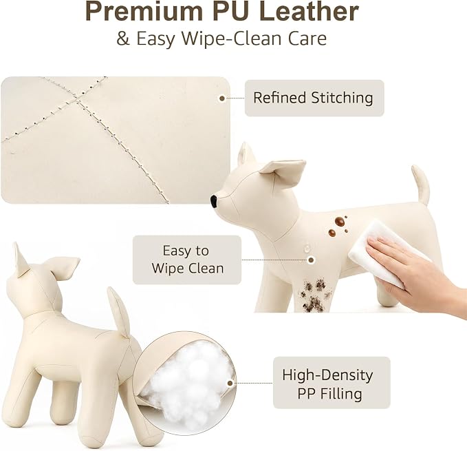 Dog Mannequin PU Pet Clothing Display Stand Cute Dog Hangers for Clothes Store Leather Pet Sewing Mannequin Durable Puppy Standing Model (White, Small)