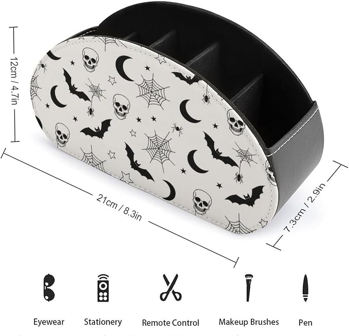 Remote Control Holder Gothic Skull Bat Web 5-Slot Office Storage Caddy Box | Makeup Brush Organizer, Pu Leather, Gothic Skull Bat Spider Web Moon Art Desktop Accessory for TV Remotes Media Player