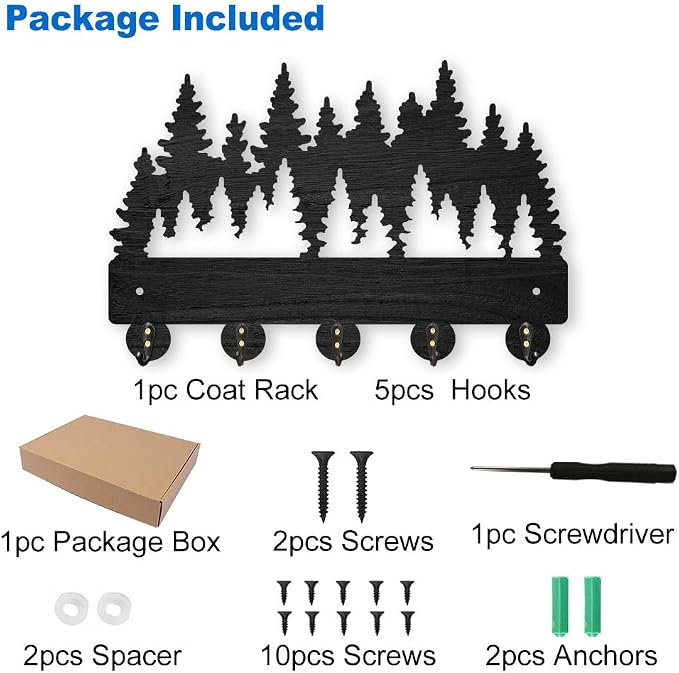 MAYJOYDIY Forest Coat Rack Wall Mount - 11.8x7.9 inch Wood Dense Forest Tree Wall Art Decor Key Holder 5 Alloy Hooks Black Hook Rack for Entryway, Living Room, Bedroom - Gift