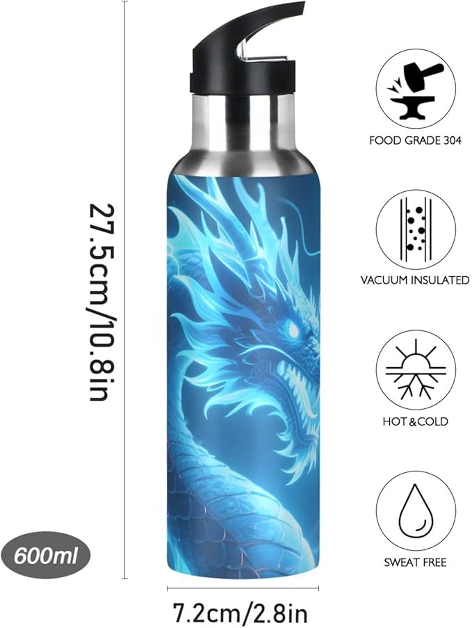 Dragon Blue Lightning Water Bottle with Straw Lid Kids Insulated Stainless Steel Water Flask Sports, 20 Oz Hot Cold