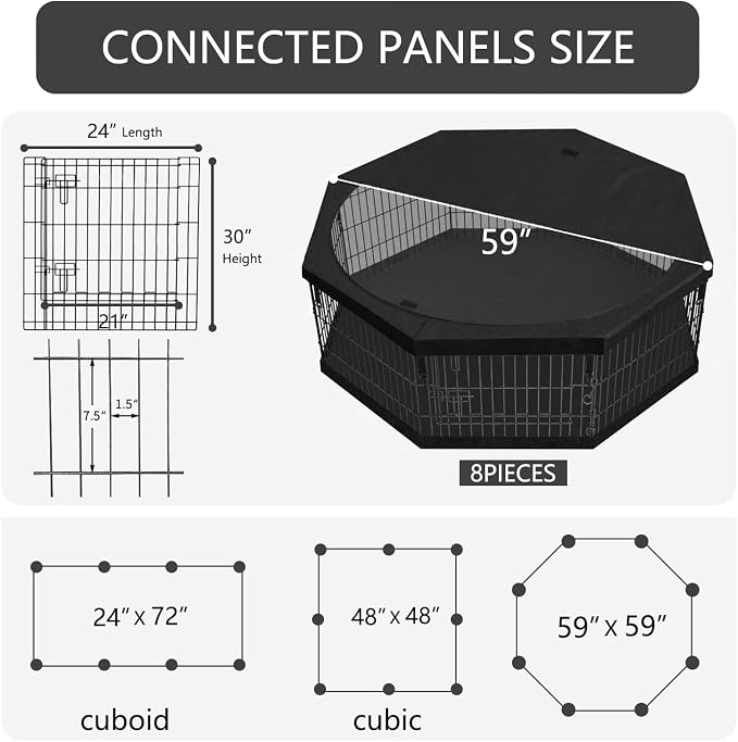 PETIME Foldable Metal Dog Exercise Pen/Pet Puppy Playpen Kennels Yard Fence Indoor/Outdoor 8 Panel 24" W x 30" H with Top Cover and Bottom Pad