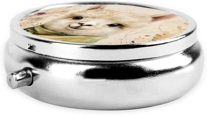 Cute Alpaca Flower Green Portable Pill Organizer | 3 Compartment, With Mirror, For Men Women, For Daily Supplements, Vitamins, Fish Oil, Jewelry, Candy, Travel