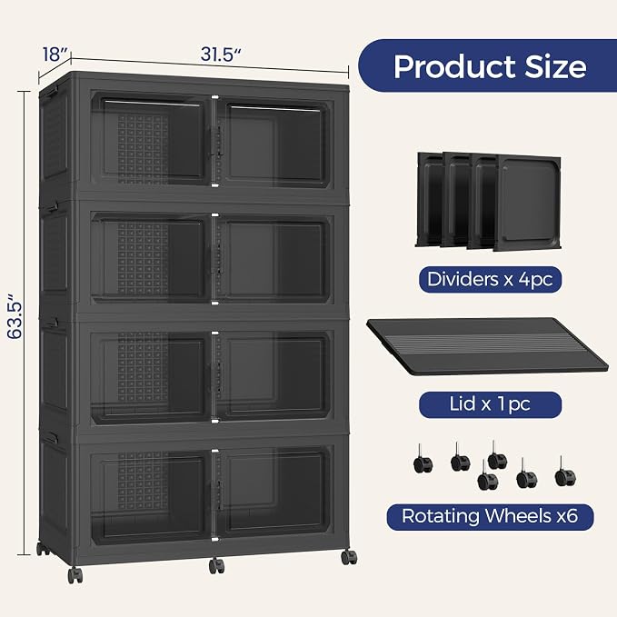 200Gal Stackable Storage Bins with Lid 4-Tier Collapsible Cabinet Closet Organizer Box with Wheels, 800QT Large Plastic Drawer Container with Doors for Clothes Kitchen Organizing, Black