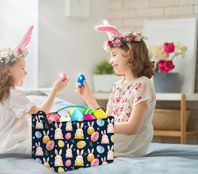 Rectangular Easter Basket for Kids & Baby - Cute Toy Storage Bin, Organizer Shelf, Book Basket & Room Decor (Dark Blue Easter)