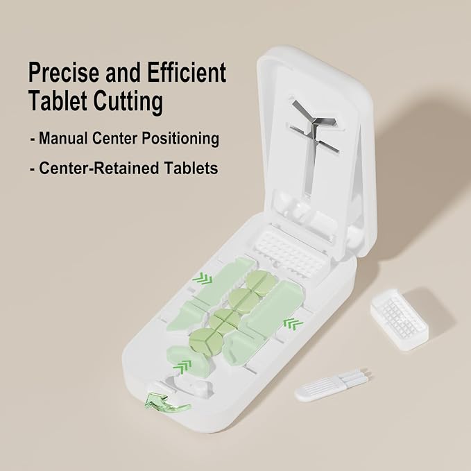 Precision Pill Cutter with Centering Guide - Multi-Angle Tablet Splitter for 1/2, 1/3 & 1/4 Cuts, Includes Pill Crusher & Storage Compartment (White)