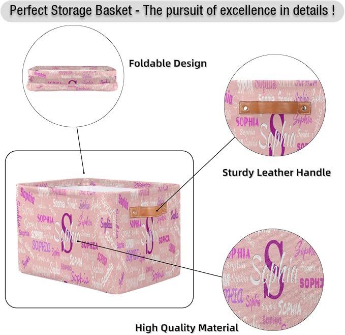 Custom Storage Baskets Named, Personalized Storage Bin Basket Boxes PU Leather Handles for Clothes Bedroom Closet Organizing Toys Books Shelves, Light Pink Solid Background