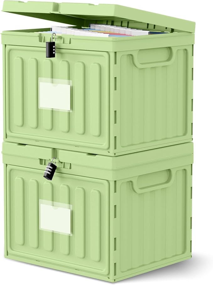 Oterri Lockable Stackable Plastic File Box with Lid for Letter-Size | Hanging File Folders Not Included. Green, Large 2-Pack. Home, Office, Classroom, Dorm, Tax, Under Bed, Filing Cabinet.