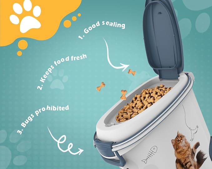 DRATO Pet Food Storage Container with Wheels 30LB Capacity | Resin, Slow Feeder Bowl and Scoop, Easy to Move, Keep Food Fresh, For Dogs, Cats, Birds