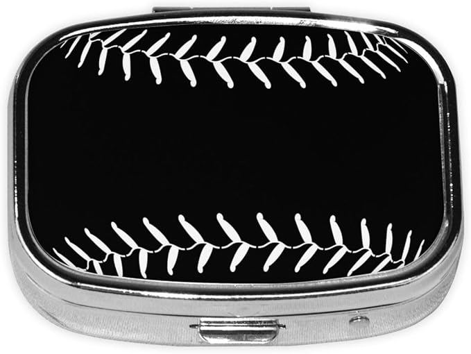 Pill Case Black Baseball Sport Softball American Pill Box with Mirror 2 Compartment Small Pill Case for Purse or Pocket Rectangular Pill Box or Vitamins, Fish Oil, Supplements