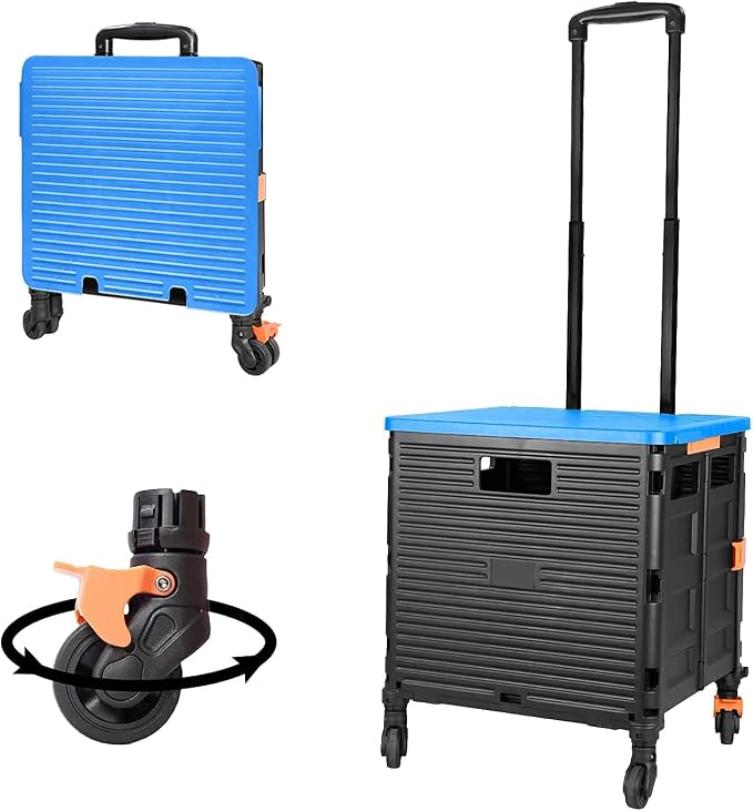 FELICON SELORSS Foldable Utility Cart Folding Portable Rolling Crate-Blue | Heavy Duty,Telescoping Handle,4 Rotate Wheels,Collapsible Handcart for Travel Shop Move Luggage Laundry Teacher Office Use
