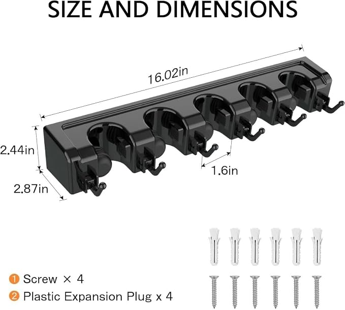 Broom Holder Wall Mount with Hooks & Slots, Wall Hanger for Home | Heavy Duty Mop Holder Wall Mount for Shovel, Rake Hang | Garage, Home Storage, Kitchen, Laundry & Shed