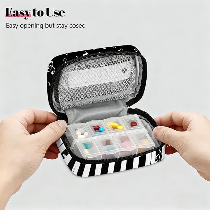 Travel Pill Organizer Black White Piano Keys Music Notes Pill Case