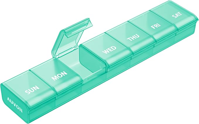 AUVON Weekly Pill Organizer with Effortless Opening Design, BPA-Free | Arthritis Friendly Pill Box, Cute Pill Organizer 7 Day, Portable Pill Case for Vitamins, Supplements and Medications, Cyan