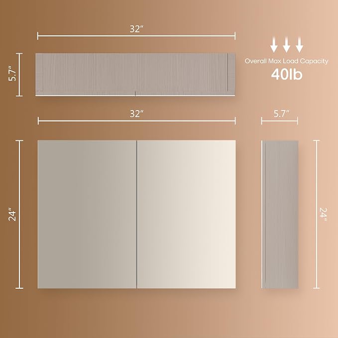 24x32 inch Bathroom Wall Cabinet, Saver Storage Cabinet, Medicine Cabinet with 2 Door and Adjustable Shelves, Grey（Assembly Required）