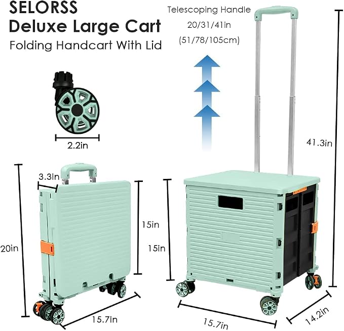Foldable Utility Cart Portable Collapsible Crate Rolling Carts with Wheels Rolling Tote Basket Teacher Cart with Lid Wear-Resistant 360°Rotate Wheel Noiseless for Shopping Storage Office Use