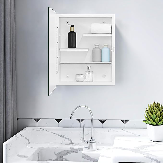 White Metal Medicine Cabinet, 16 x 20 Beveled Mirror, Surface Mount Storage | Beveled Mirror Bathroom Cabinet with Adjustable Staggered Shelves, Piano Hinge, Left/Right Swing & Matte White Powder Coating