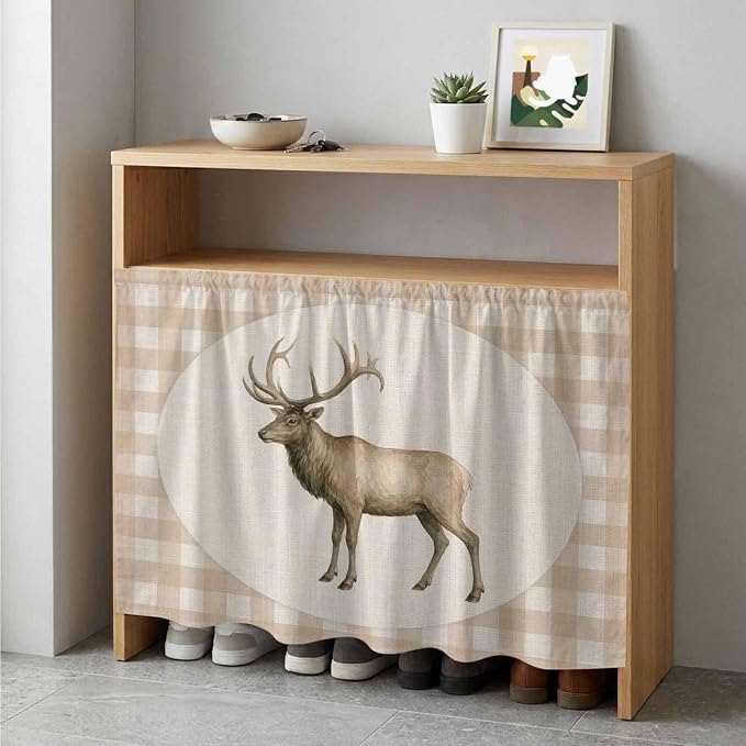 Majestic Buck Cabinet Dishwasher Hidden Curtains, Privacy Closet Door Curtain, Vintage Natural Buck Rustic Linen Plaid Adhesive Dust Proof Under Sink Skirt for Bathroom Kitchen 35"x35"