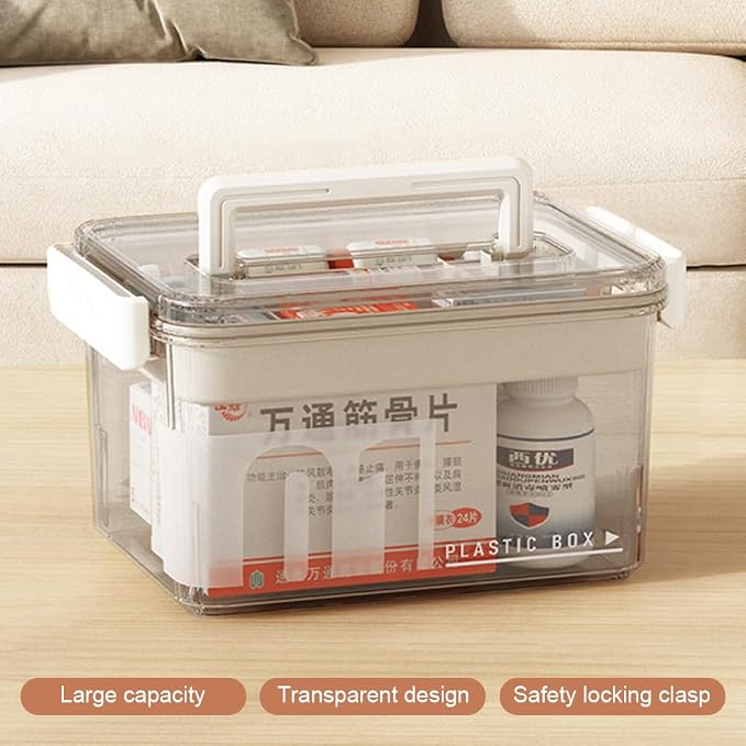 Medicine Storage Box with Handles, Clear Plastic Medicine Storage Organizer & First Aid Box, Multipurpose Medical Supply Organizer with Removable Tray for Home, Office & Travel(Clear)