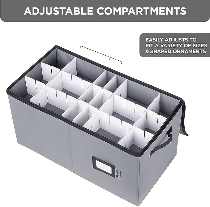 Christmas Ornament Storage Container with Dividers - Box Stores Up to 54 Ornaments, Zippered, Convenient, Adjustable, Large Organizer Bin to Protect Holiday Décor, Fits Most Standard Size, Grey