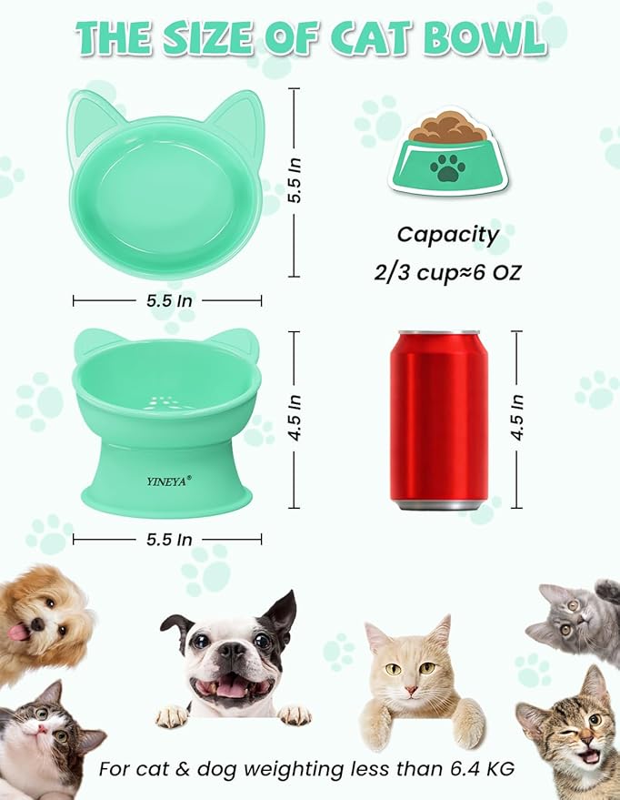 YINEYA Elevated Cat Bowls 2 Pcs, Cat Food Bowl to Protect Neck & Anti-Vomit, Whisker-Friendly Raised Food and Water Bowls Set for Indoor Cats/Small Dogs, Cute Pet Feeding Bowl 6 OZ Each, Pink & Green