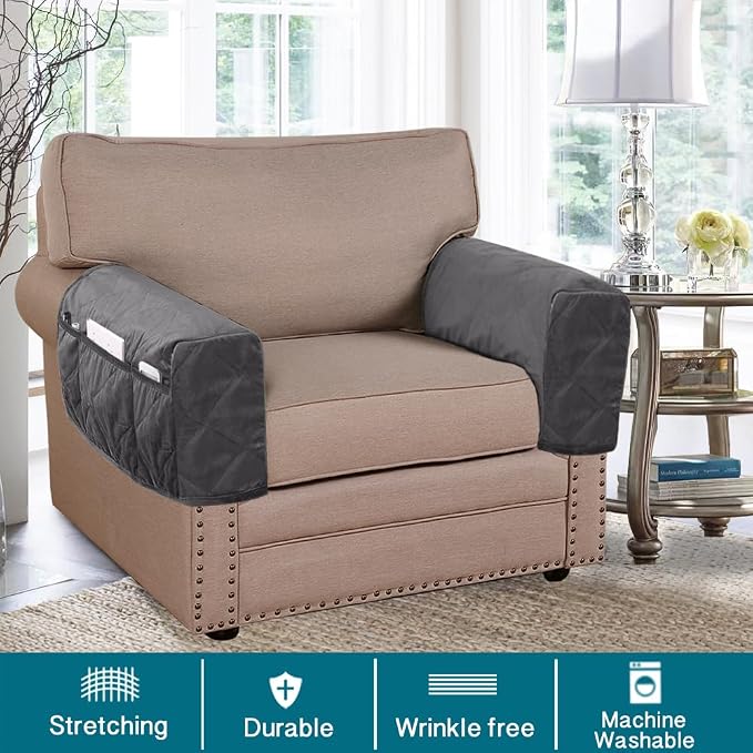 Velvet Quilted Armrest Covers - Water-Resistant Sofa Arm Protectors Set of 2 with Side Pocket Organizer, Non-Slip Furniture Covers for Chairs & Couches (Gray)