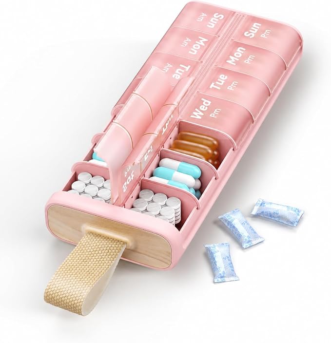 AM PM Pill Organizer 7 Day, 2 Times a Day Weekly Pill Box with Moisture-Proof Desiccant, Compact Easy-Open Medicine Case for Vitamins, Supplement